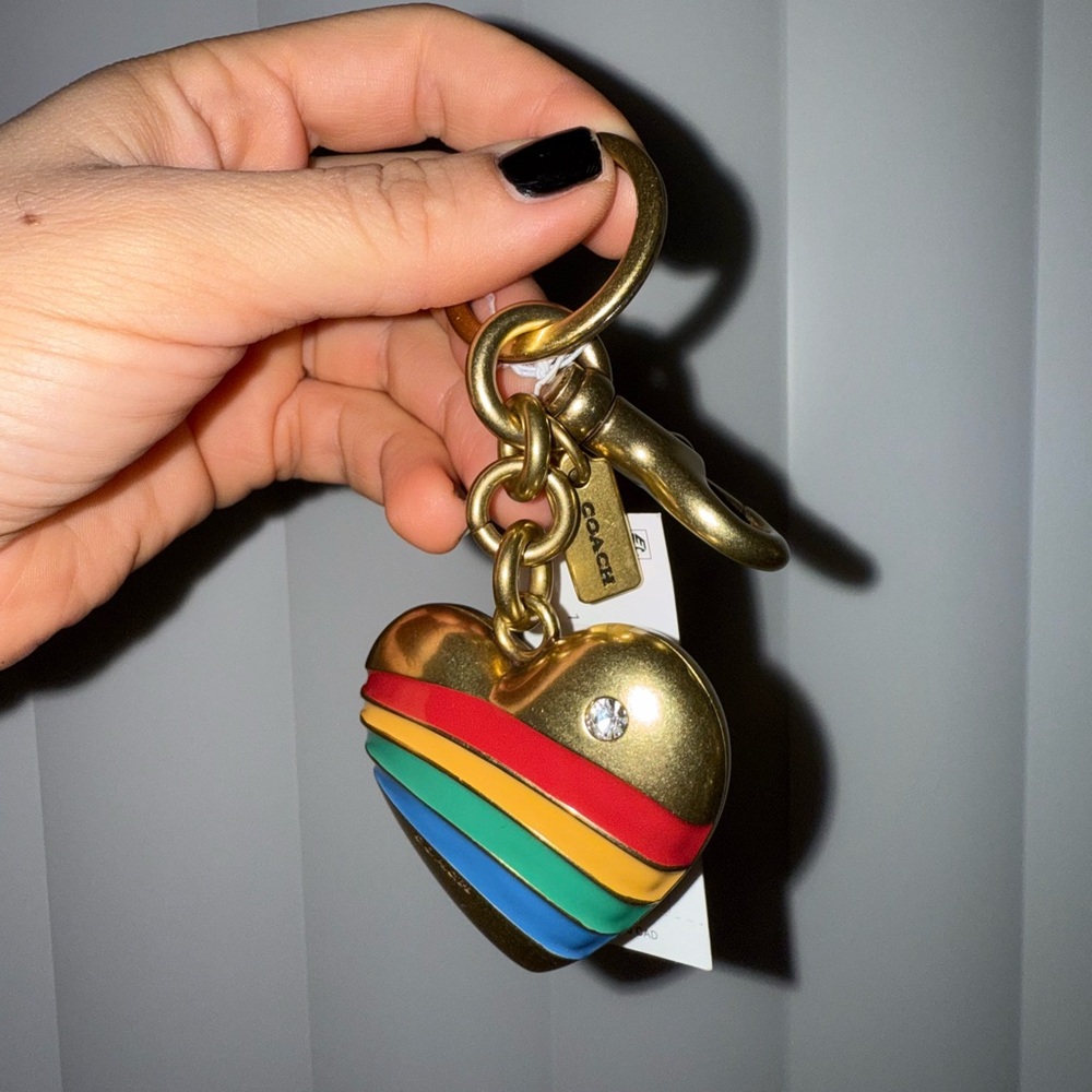 Coach Gold-tone Heart Keychain with Red, Yellow, Green & Blue Stripes - Picture 4 of 4